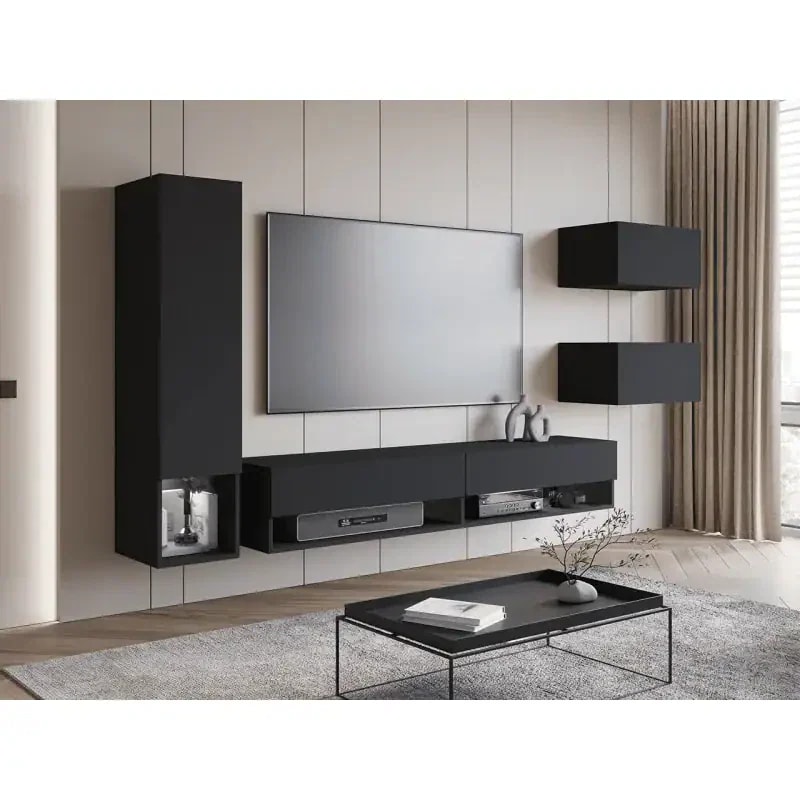 Fekete falra szerelhető nappali szekrénysorok